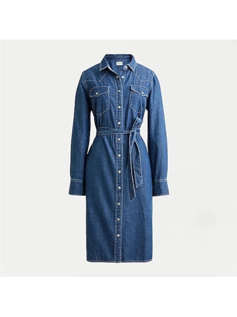 J Crew Denim Shirt Dress Size 14 Tie Belt Pearl Snap Button Style M0535 Classic